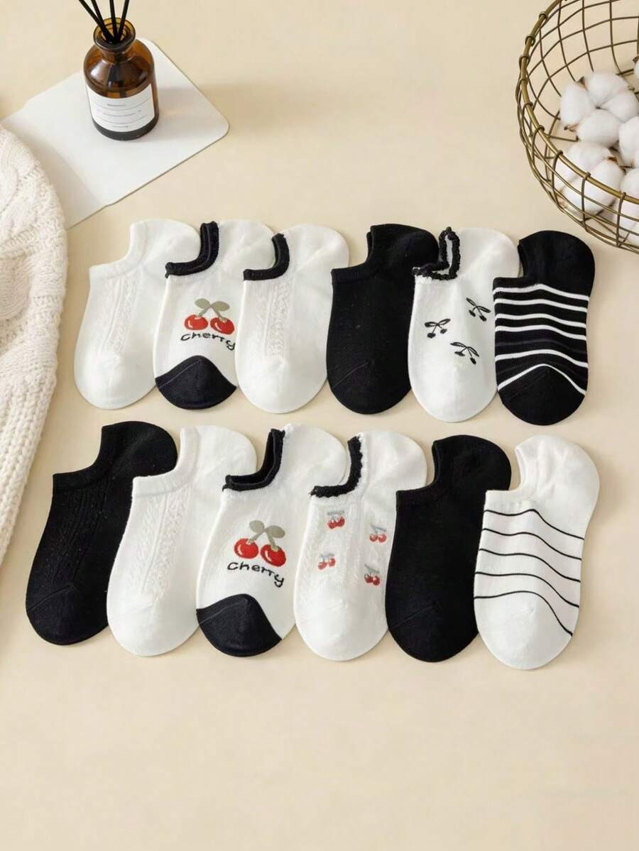 5双随机黑白撞色樱花边饰短袜，吸湿排汗，防滑 - 彩色 - 查看 1