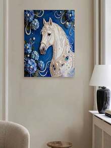 New Pearl Painting White Horse Blue Flower Theme Frameless DIY Handmade Sticky Diamond Creative Diamond Painting Kit, Suitable For Bedroom Decoration, Living Room Hanging Paintings, Room Decoration, Artwork, Birthday Gifts For Friends, Christmas, New Year, Valentine's Day, Holiday Gifts Full Of Novelty. - Multicolor - View 5