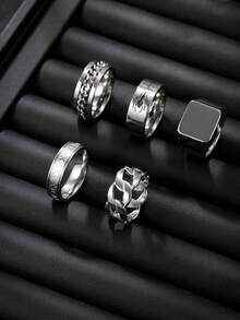 5件套男士时尚不锈钢十字戒指套装 - 銀2 - 查看 6