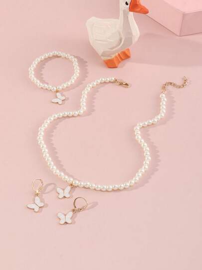 Set de 4 piezas de collar, pulsera y aretes con mariposa y perlas de estilo gota de aceite para niñas, adecuado para decoración diaria