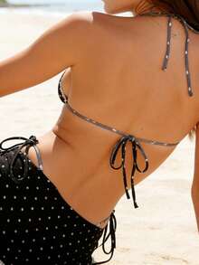 Women's 3 Piece Bikini Set Fashion Dot Print Halter Neck Bra Triangle Thong Bathing Suit With Cover Up Skirt - 黑色 - 查看 7