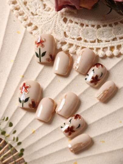 10pcs Press On Nails Short Acrylic Nail Kit Skin Tone Nails Red Flower Fake Nails Short Office DailyWear False Nails Artificial Nails Kit Includes 1sheet Adhesive Tabs &1 Pc Mini File