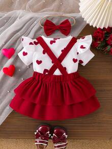 3pcs Baby Girl Princess Set: Heart Print Cap Sleeve Bodysuits, Layered Tulle Skirt, And Bow Headband - Red - View 3