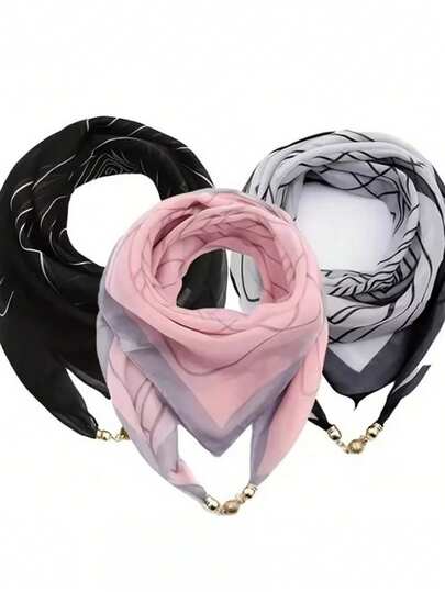 1pc Minimalist & Fashionable Scarf, Designed With Geometric Lines Or Soft Gradient Colors, Paired With Exquisite Metal Buckles To Add Delicate Details. In Autumn/Winter, The Black & White, Gray Styles Exude A Cool Vibe, The Black Is A Classic Versatile Option, And The Pink & Gray Is Soft And Sweet. Suitable For Commuting, Casual Gatherings, Travel Photography, Especially Suitable For Office Workers Pursuing Minimalist Fashion And Young Groups