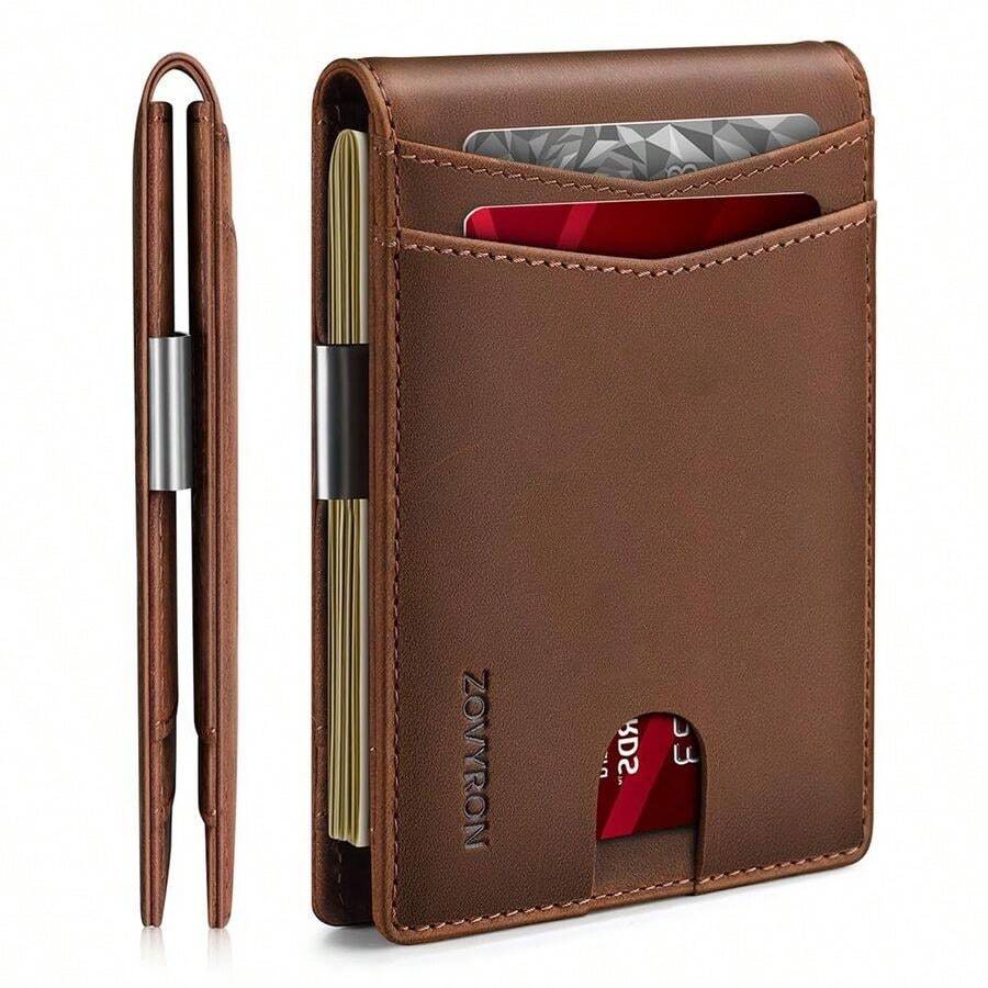 Wallet For Men Slim Bifold Leather Wallet With Money Clip RFID Blocking Minimalist Card Holder Front Pocket Mens W... - Brown - View 1