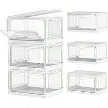 Clear Storage Bin With Lid 3 Pack [Stackable & Sturdy] Plastic Multifunctional Folding Storage Bins For Bedroom, Living Room, Study,Room, 23 QT Folding Box With Magnetic Door - 白色 - 查看 1