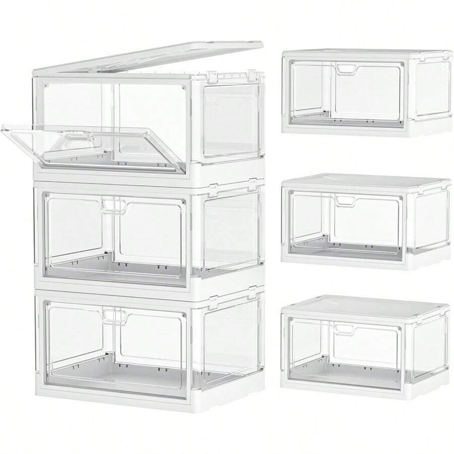 Clear Storage Bin With Lid 3 Pack [Stackable & Sturdy] Plastic Multifunctional Folding Storage Bins For Bedroom, Living Room, Study,Room, 23 QT Folding Box With Magnetic Door - 白色 - 查看 1