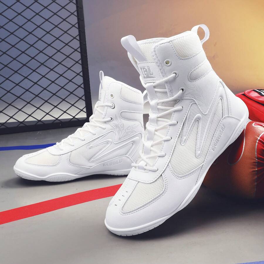 Men's Wrestling Shoes, Martial Arts Shoes, Boxing Shoes, High-Top Men's Fighting Shoes, Training Shoes, Boots, Muay Thai Boxing Shoes, Fitness Kickboxing Shoes, High-Quality Men's Professional Sports Shoes, Comfortable Non-Slip Durable Breathable Ankle Support Textured Shoes - White - View 1