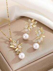 1 Set Stainless Steel Zirconia Leaf & Faux Pearl Pendant Necklace & Earrings Jewelry Set, Versatile Luxury Personalized Necklace Earrings Jewelry, Suitable For Daily Life/Party/Holiday/Birthday/Ramadan/Back To School, Great Gift Choice - Leaf and Pearl Design - One Size - View 5