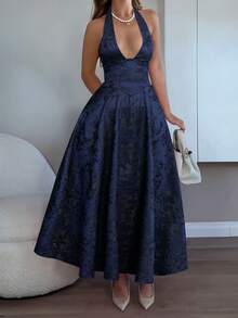 Unadoll 女士性感露背吊带连衣裙，3D提花面料，优雅款式，适合晚宴、约会、学校开学典礼、鸡尾酒会、婚礼、圣诞节、感恩节等夏季场合。 - 藏蓝色 - 查看 8