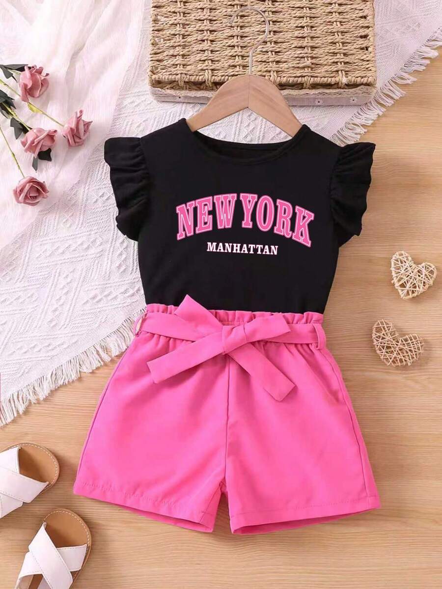 Bộ 2 món áo thun và quần short in chữ, viền bèo nhún cho bé gái. - màu đen - Xem 1