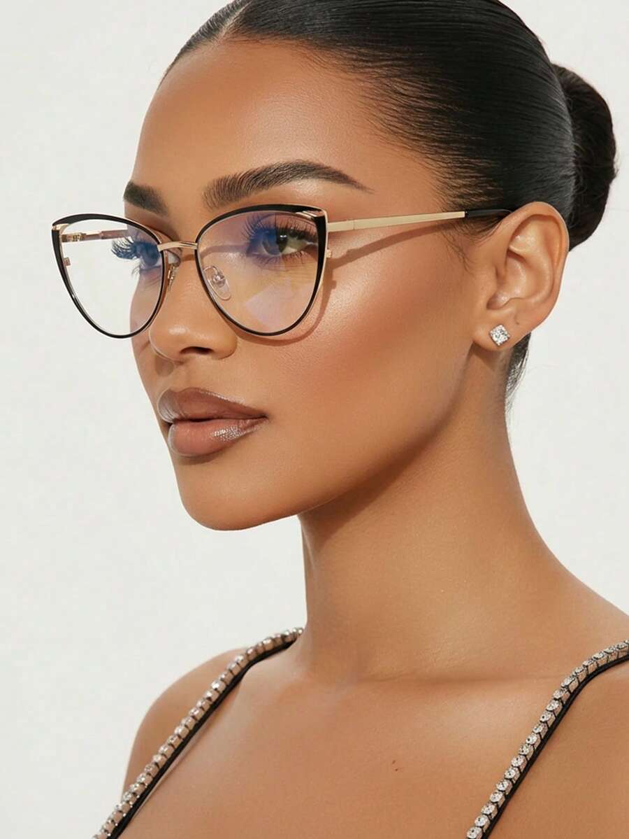 1 Pair Women's Black Outlined Cat Eye Metal Frame Vintage Thin Arm Personalized Spring Leg Fashion Glasses - Black Gold - View 1
