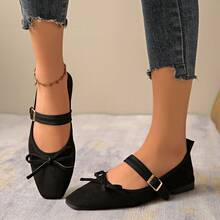 2025款方头加大码芭蕾舞鞋，玛丽珍软底时尚单带乐福鞋，麂皮超百搭舒适搭扣鞋 - 黑色蝴蝶結 - 查看 10