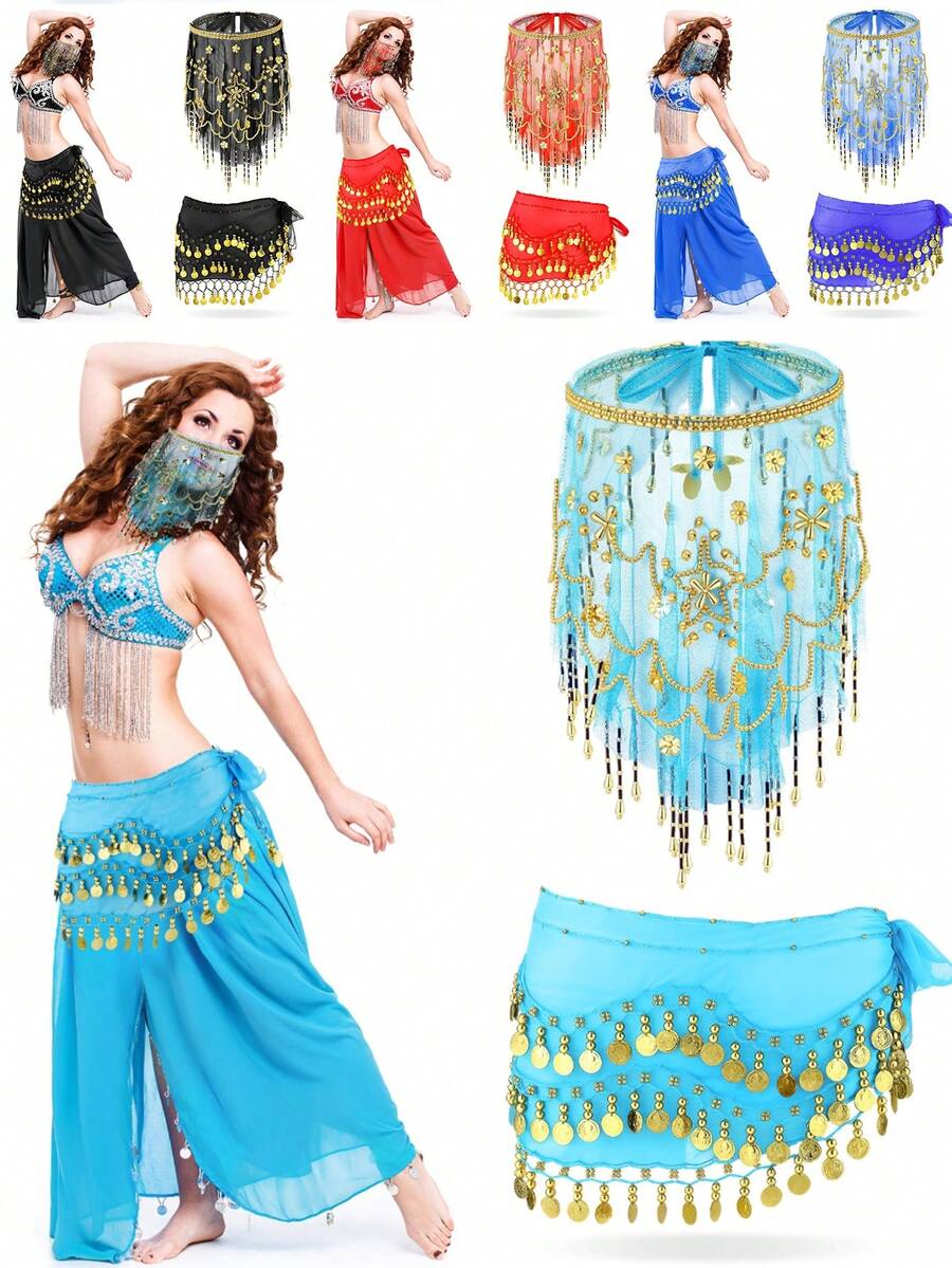Belly Dance Sequin Decorated Veil And Coin Tassel Waist Accessories Set, For Stage Performance, Party, Dance - Multicolor - View 1