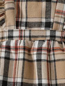 女婴时尚休闲可爱套装，圆领荷叶边简约上衣 + 格纹时尚背带裤 - 杏色 - 查看 7