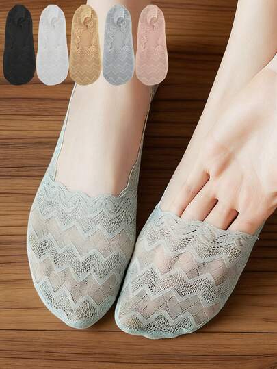 5双女士春夏薄蕾丝防滑、不褪色、吸汗无缝波纹袜