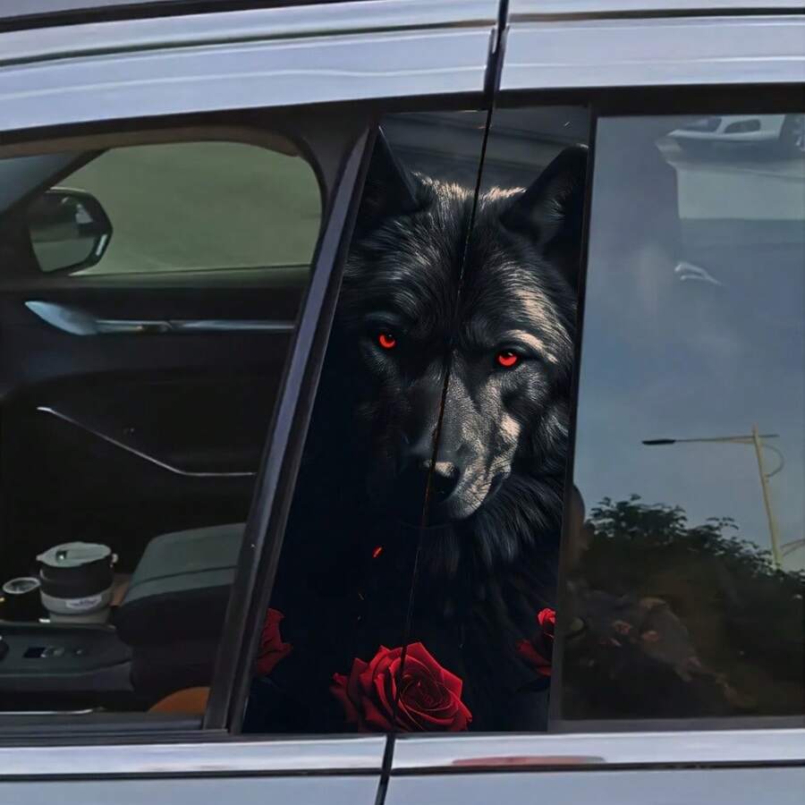 2pcs Cool Animal Car Decals, Battle Wolf Design, Self-Adhesive B-Pillar Decals, Vinyl Material, Semi-Matte Finish, Rectangle Shape, With Front Placement, For Glass & Metal Surfaces, Single Use Vehicle Exterior Decoration
