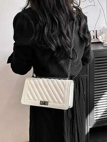 Herringbone Embroidered Twist Lock Small Square Shoulder Bag Crossbody Bag Chain Strap Women Handbag - White - View 7