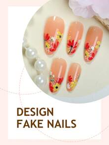 Y2K花卉亚克力美甲贴片24片装，中号杏仁形按压式甲片，DIY艺术彩色花朵假指甲套装，适用于美甲沙龙、女孩和女士日常美甲用品、节日派对和礼物 - 彩色 - 查看 3