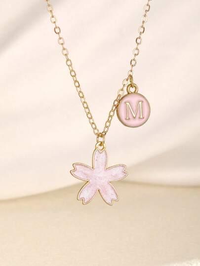 1pc Sweet Five-Leaf Flower & Initial Letter Pendant Zinc Alloy Necklace For Girls For New Year Jewelry Accessory Gift & Daily Decoration