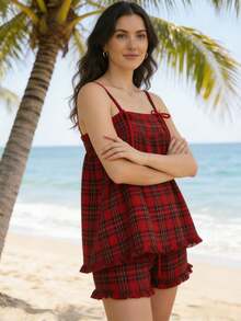 2 Piece Short Sets For Women Contrast Trim Tops Drawstring Shorts Summer Matching Set - 紅色1 - 查看 2