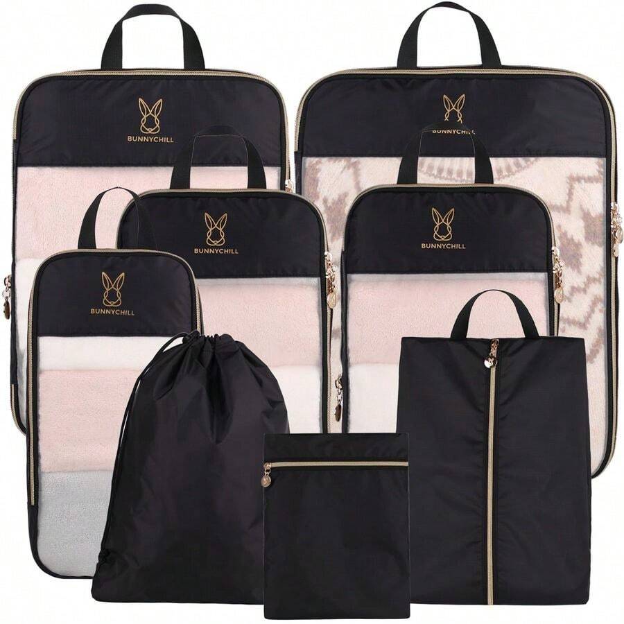 Compression Packing Cubes For Travel, See Through Mesh Travel Packing Cubes For Suitcases, Lightweight Compress... - Black8SetLMS2XSShoeB - View 1