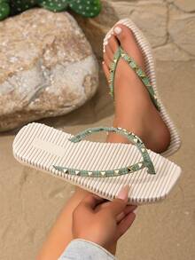 Faux Pearl Encounter Beach, Rivet Flip Flops For Lazy Summer Days - Olive Green - View 9