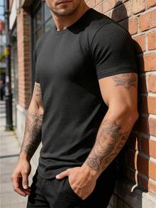 男士夏季透气网眼速干跑步健身短袖休闲T恤 - 黑色 - 查看 1