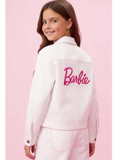  Chamarra Barbie de gabardina juvenil con costuras contrastantes en rosa