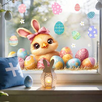 1/6 Set Highland Cow, Rabbit And Easter Egg Reusable PVC Static Cling Window Stickers, Suitable For Bathroom, Living Room, Home Windows And Doors Decor, Holiday Supplies