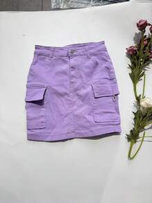Women Denim Mini Skirt Straight Style Pocket Detail Medium Stretch Elegant Sexy - Purple - View 7