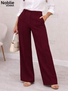 Calça Alfaiataria Feminina Social Perna Larga Com Zíper Bolso e Botão Escritório - Vinho - Visão 4