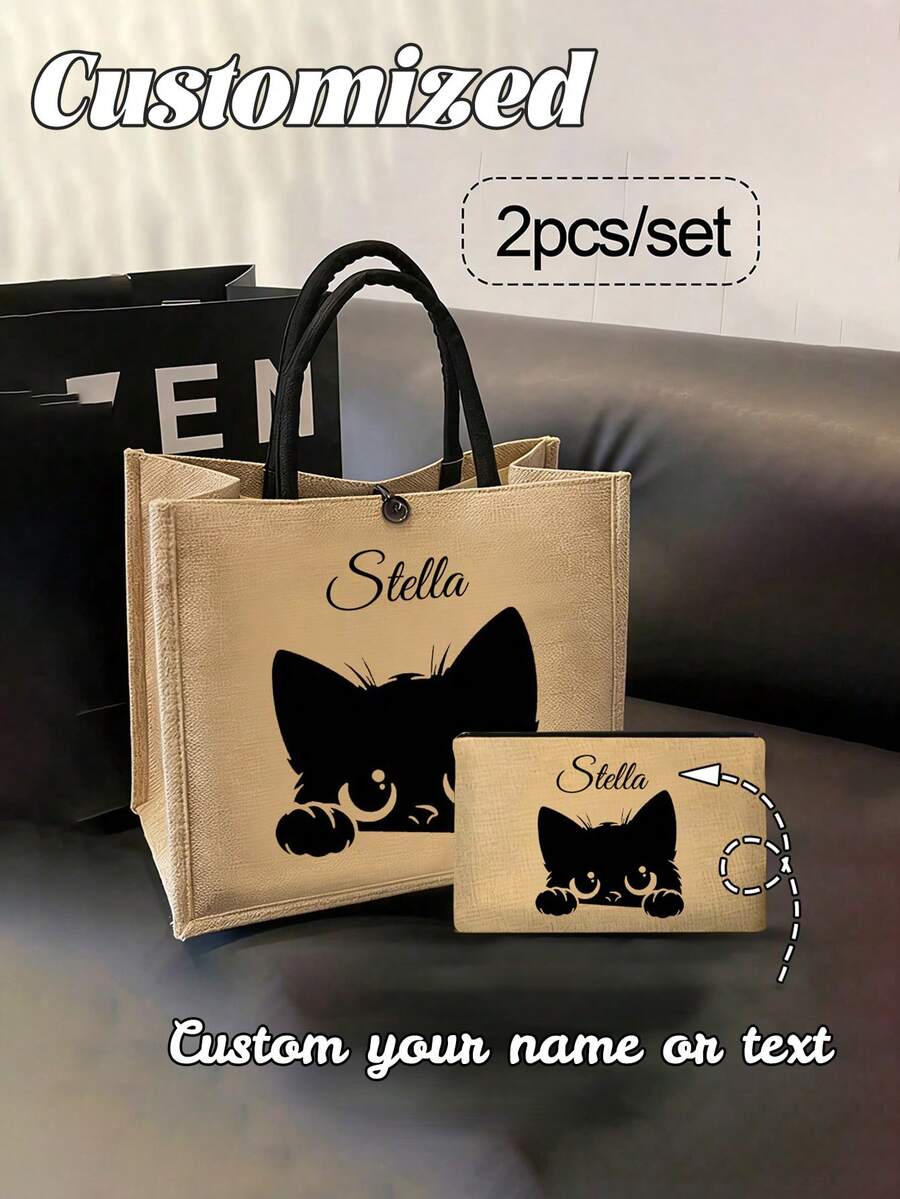 Personalized Custom Cat-Themed Handbag Set: Women's Handbag And Cosmetic Bag, Including A Black Cartoon Cat Pattern Handbag And A Small Pouch/Coin Purse, Printed With Cat, Bird, Wave, And Flower Patterns. Suitable For The Beach, This Set Features A Stylish, Large-Capacity Cosmetic Bag And A Travel Makeup Bag. Name Customization Available. - Multicolor - View 1