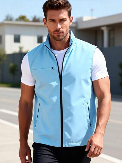Men's Lightweight Casual Vest With Multiple Pockets, Suitable For All Seasons, Outerwear Vest For Team Uniform