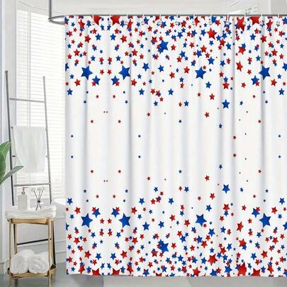 1件装爱国美国国旗图案浴帘，红白蓝星印花，防水涤纶材质，带12个挂钩，现代家居和酒店浴室装饰，独立日主题，防水浴帘 | 色彩鲜艳的浴帘设计 | 易于悬挂，浴室浴帘