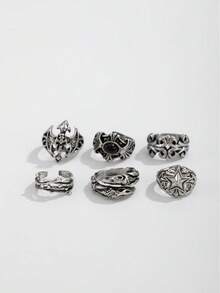 6pcs/Set Vintage Distressed Rings For Teens, Bat/Star Multi-Element Stackable Rings, Suitable For Men's Daily Wear, Great Gift - Silver - View 1