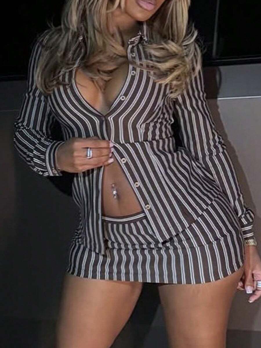 2pcs/Set Sexy Striped Button Collar Top And Bodycon Mini Skirt, Women's Casual Party Outfit Spring
