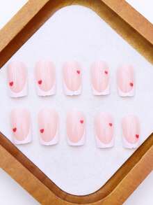 24pcs Square Press On Nail Stickers With Advanced French White Border And Red Heart Pattern Design, Suitable For Fake Nails, Including 1 Nail File And 1 Set Of Nail Stickers, Suitable For Women And Girls To Use, Suitable For Nail Decoration During Important Festivals And Gatherings Such As New Year And Valentine'S Day Nail Supplies - Multicolor - View 3