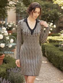 Knit Mix Geo Pattern Jumper Dress - Black and White - View 3