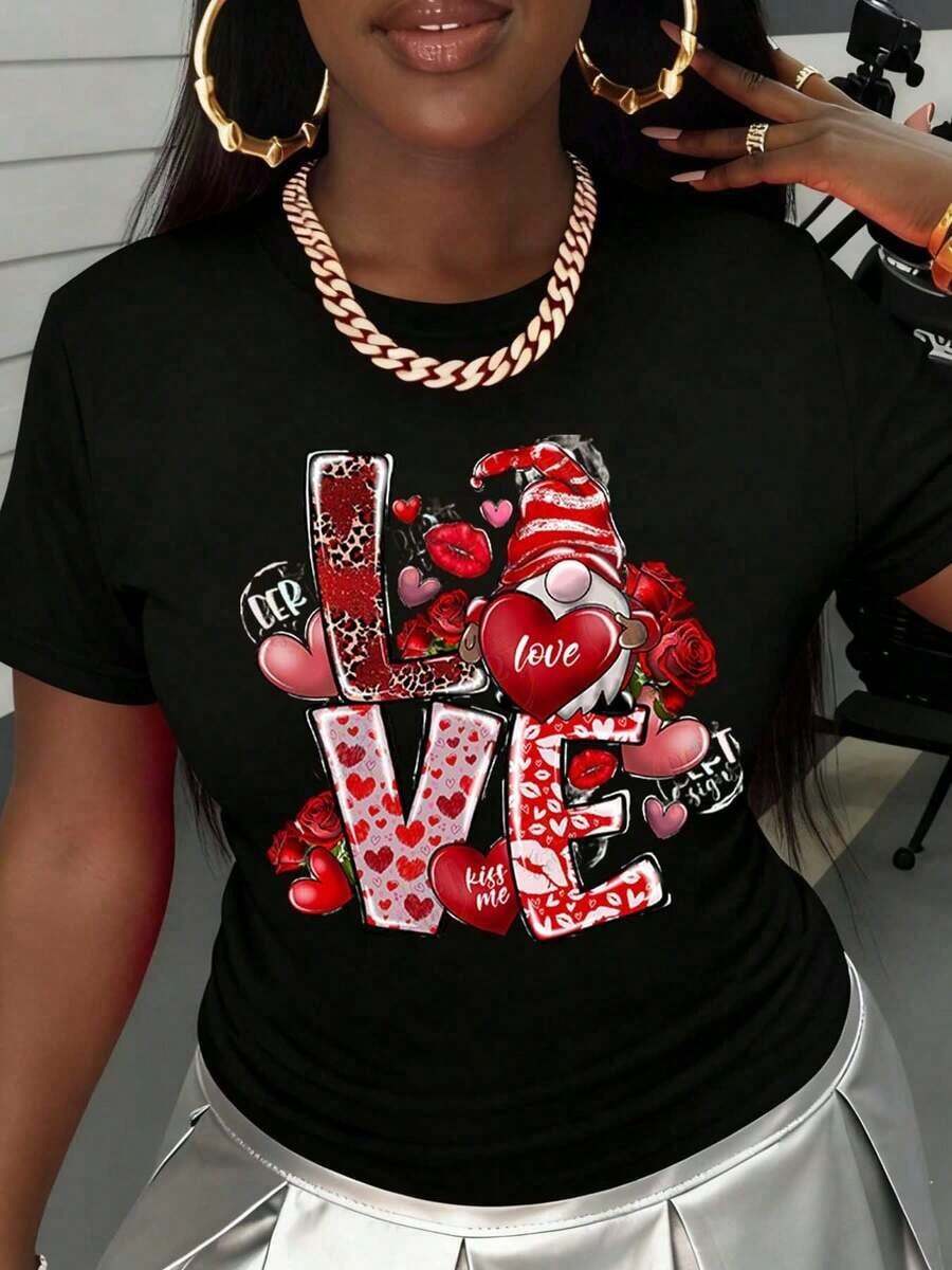 T-shirt imprimé << Love » avec un motif de cœur et de gnome pour la Saint-Valentin