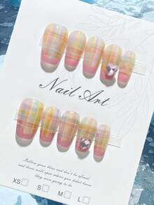 1 pieza de arte de uñas de aplicación manual, colores arcoíris, patrón a cuadros, decoración con cristales en forma de corazón, uñas cortas, uñas cuadradas, uñas para el Día de San Valentín, alta calidad, reutilizable, apto para uso diario y días festivos. Suministros para uñas - Multicolor - Ver 3