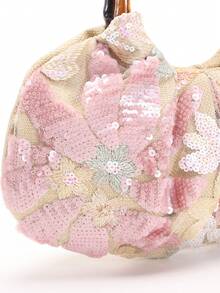 1pc Colorful PVC Sequin Patchwork Mesh Floral Embroidery Cloud Design Pleated Niche Linen Bottom Handbag, Fashion Summer Beach Vacation Fan-Shaped Women Tote Bag (Floral Pattern Random) - Pink - View 6