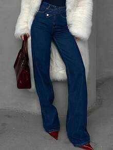 Women's Waist Belt Design Elastic Straight Leg Jeans - Medium Blue - View 1