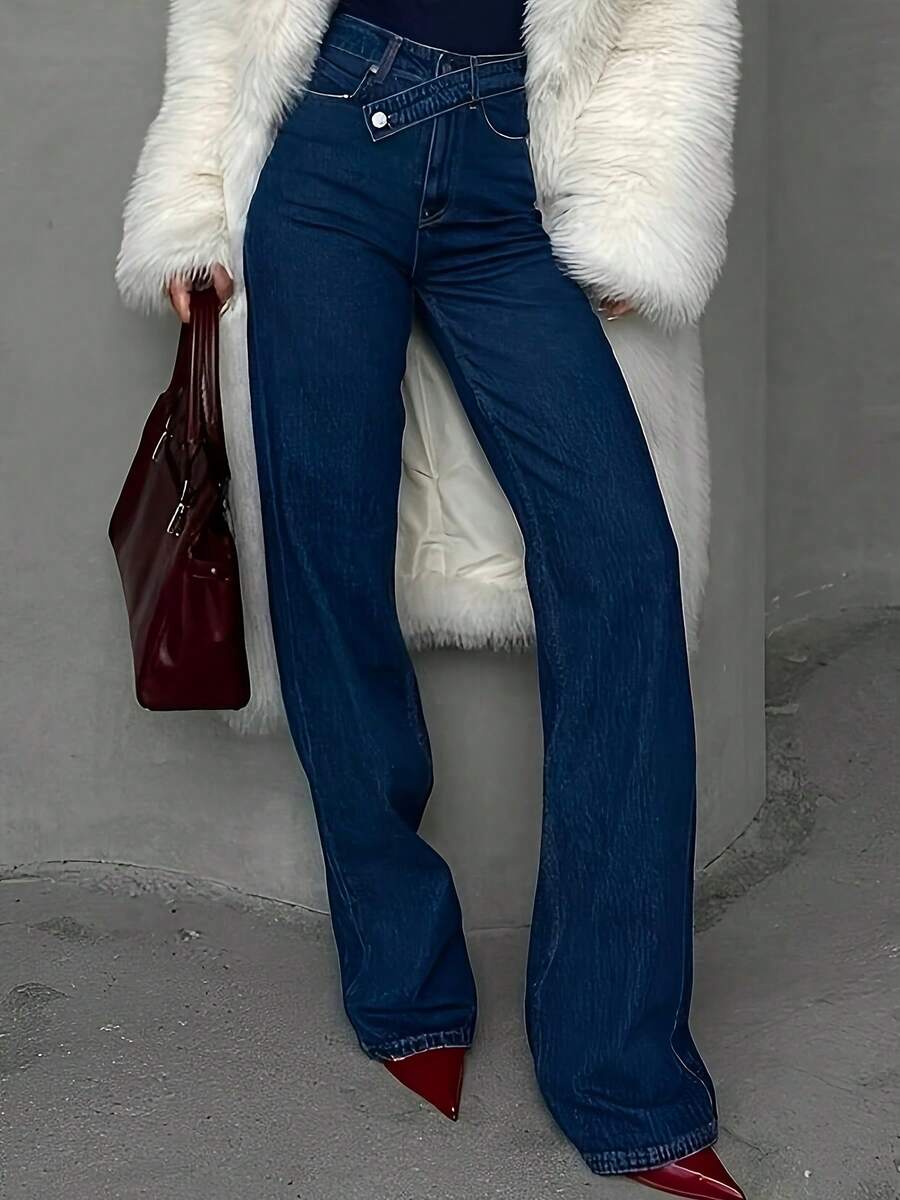 Women's Waist Belt Design Elastic Straight Leg Jeans - Medium Blue - View 1