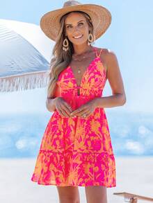 popvil Women Tropical Floral Print Halter V Neck Vacation Mini Dress - Orange - View 3