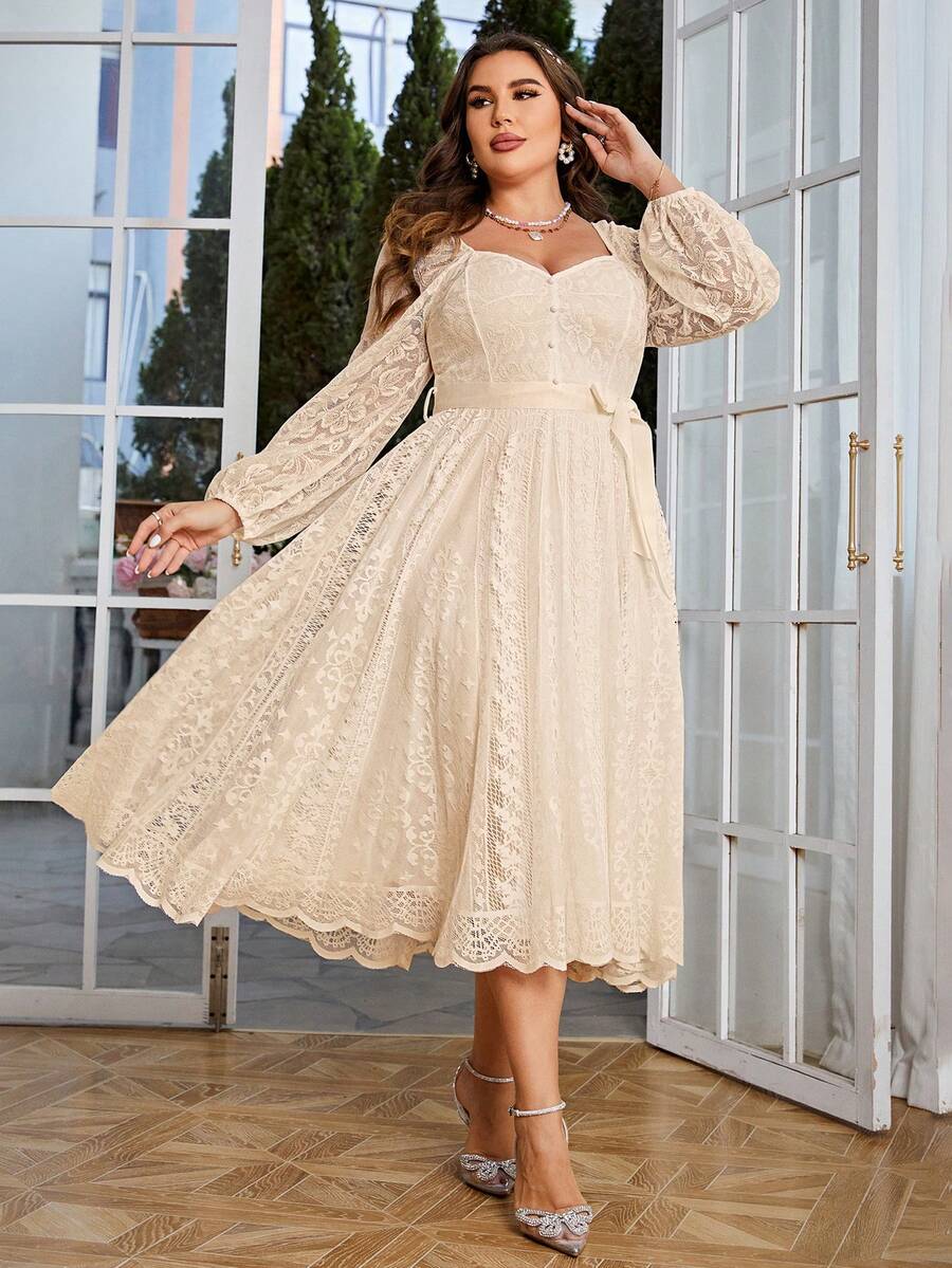 Simplee Plus Size Women Elegant Vintage Lace A-Line Dress, Long Sleeve Waist Cinched, Suitable For Wedding, Party, Birthday Spring - Màu be - Xem 1