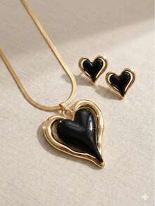 2件套新款创意中东风心形吊坠项链耳环套装，优雅简约设计，情人节、母亲节礼物 - 金黃色 - 查看 2