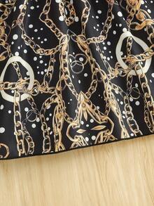 4-7 Years Old Girls' Off-Shoulder Strap Dress, Strap Shoulder Design Top Paired With Printed Skirt, Suitable For Summer Vacation, Festivals, Daily Wear - Black - View 5