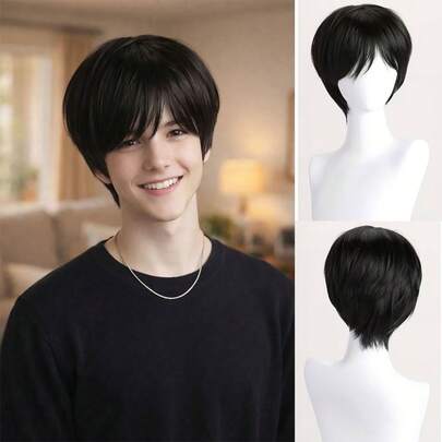 10 Inch Black Short Wavy Wig, Heat Resistant Synthetic Fiber Wig, Layered Short Hair Style Suitable For Anime, Cosplay, Daily Wear, Masquerade