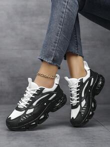 2026新款女式休闲运动鞋，加厚鞋底，增高耐磨，低帮圆头系带针织网面透气排汗防臭，男女通用，黑白拼接，户外运动舒适情侣款，加厚鞋底减震软底，简约舒适男女通用运动鞋 - 黑與白 - 查看 10